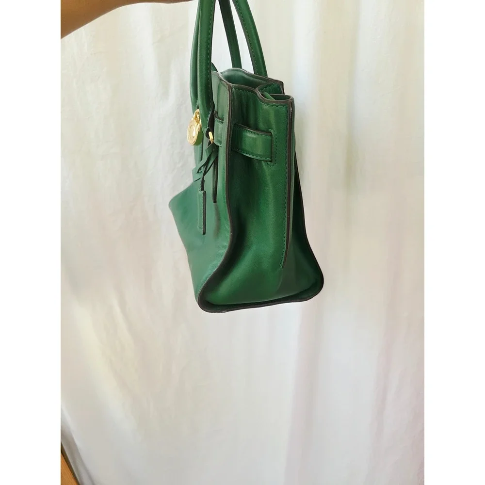 Michael Kors Hamilton Green Leather Satchel Gold Padlock Handbag Excellent